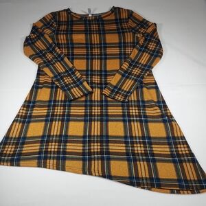 Korsis Mustard Yellow Plaid Asymmetrical Tunic Dress W/ Buttons On One Side Sz L